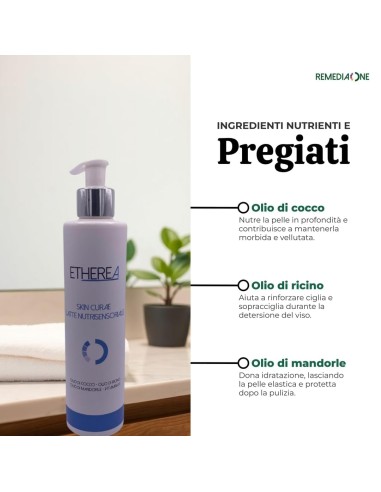 REMEDIA ONE - ETHEREA Latte Nutrisensoriale, Detergente Viso con Olio di Cocco, Ricino e Mandorle, Vitamina E, 250ml
