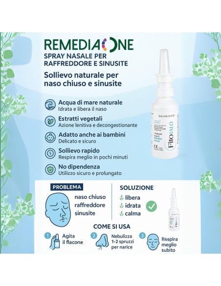 REMEDIA ONE - Spray Nasale per Raffreddore e Sinusite, con Acqua di Mare ed Estratti Naturali, anche per Bambini - 50 ml