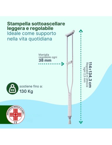 REMEDIA ONE - Stampelle Ortopediche Regolabili in Alluminio Anodizzato, Stampelle Ascellari Adulti Antiscivolo, 2 Unità – Taglia