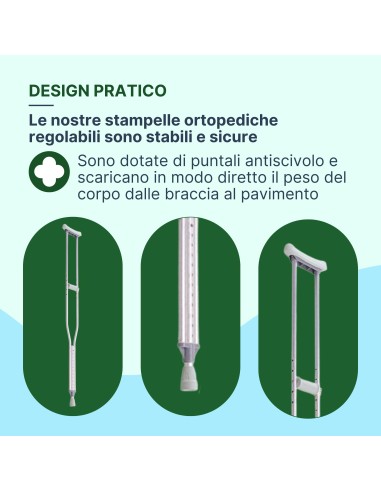 REMEDIA ONE - Stampelle Ortopediche Regolabili in Alluminio Anodizzato, Stampelle Ascellari Adulti Antiscivolo, 2 Unità – Taglia