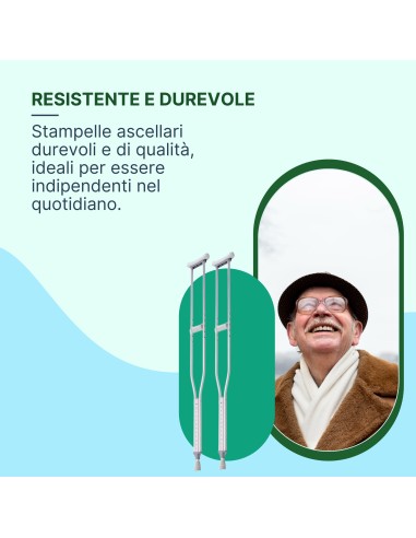 REMEDIA ONE - Stampelle Ortopediche Regolabili in Alluminio Anodizzato, Stampelle Ascellari Adulti Antiscivolo, 2 Unità – Taglia