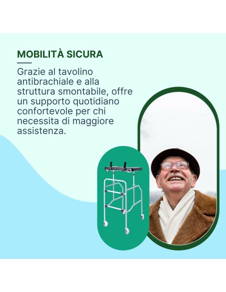 REMEDIA ONE - Deambulatore per Anziani 4 Ruote con Tavolino e Maniglie Regolabili - Girello per Anziani e Disabili da Interno o 